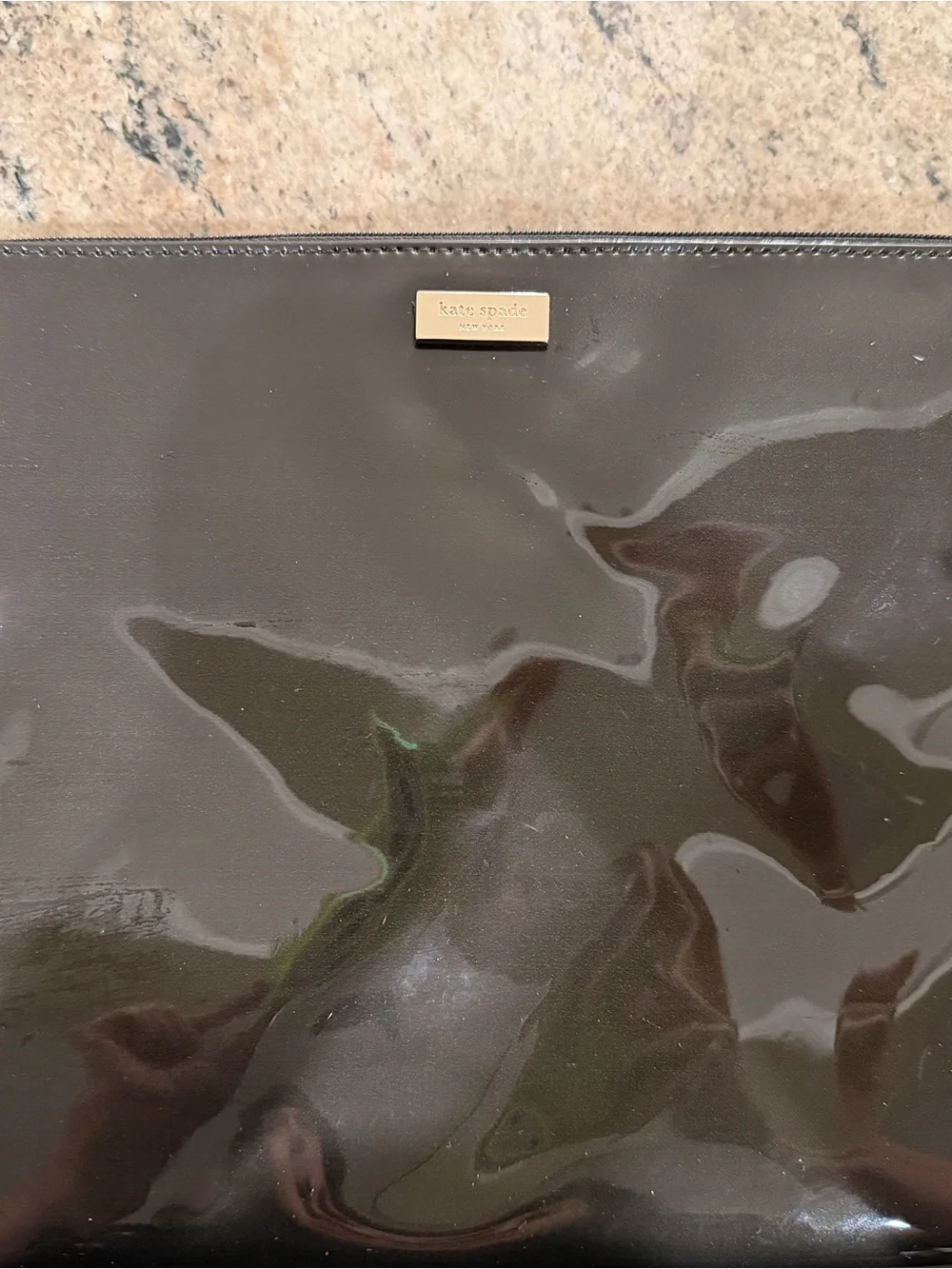 Kate Spade Black Patent Bow Clutch with Gold Script